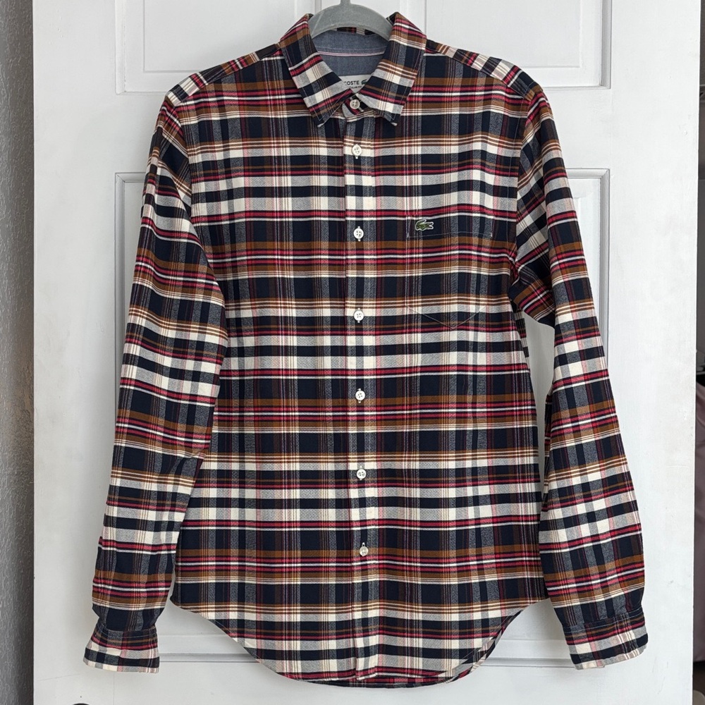 Lacoste Plaid Button-Down Cotton Shirt in Navy, White & Red